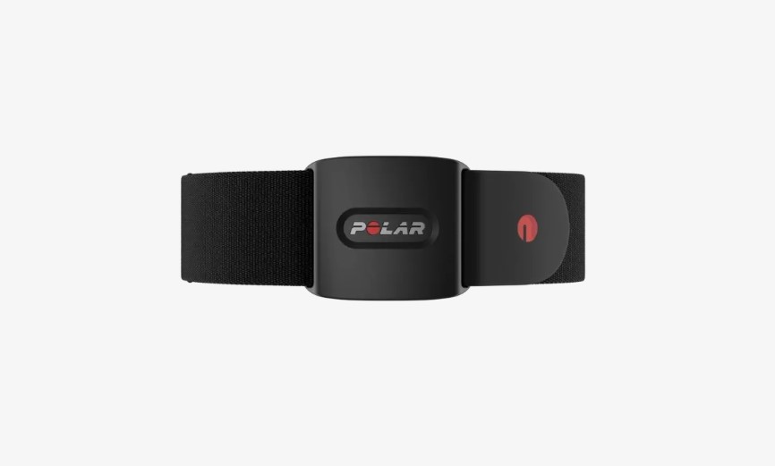 Product shot of a chest strap heart rate monitor
