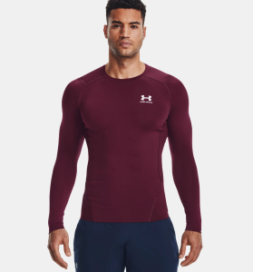 Under Armour HeatGear Long Sleeve compression shirt, modeled in maroon.