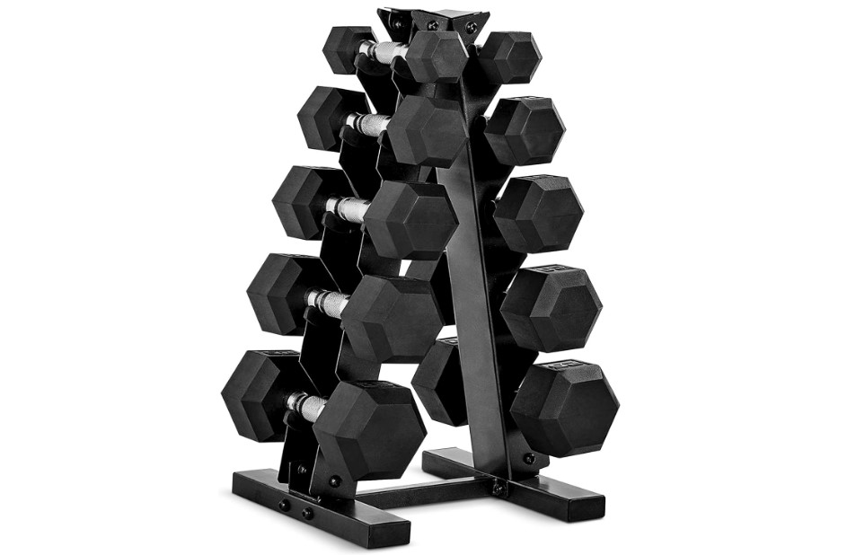 Product shot of a set of 10 dumbbells on a rack