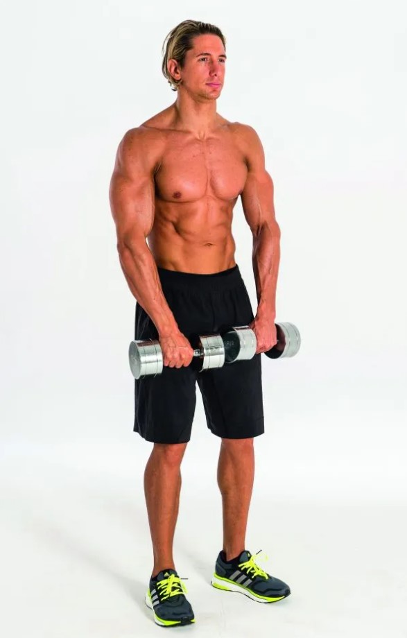 Man performing a dumbbell front raise