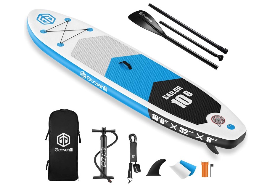 Product shot of an inflatable stand-up paddle board