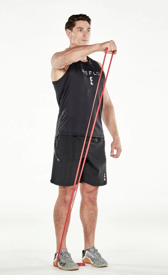 Man performing a resistance band single-arm front raise