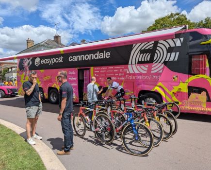 Outside a team bus at the Tour de France