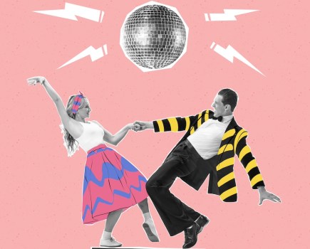 Contemporary art collage. Cheerful, stylish, young couple dancing on vintage music player isolated on pink background. Disco party. Concept of creativity, retro style, party, fun. Copy space for ad