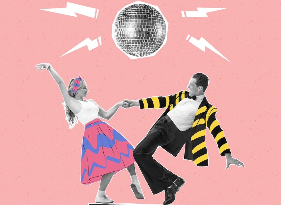 Contemporary art collage. Cheerful, stylish, young couple dancing on vintage music player isolated on pink background. Disco party. Concept of creativity, retro style, party, fun. Copy space for ad