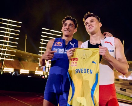 Duplantis and Warholm after their 100m race