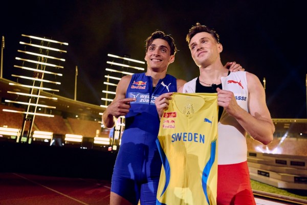 Duplantis and Warholm after their 100m race