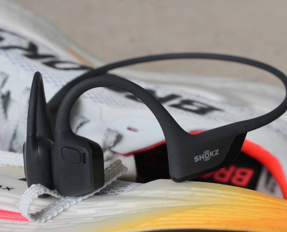 Close-up shot of Shokz running headphones