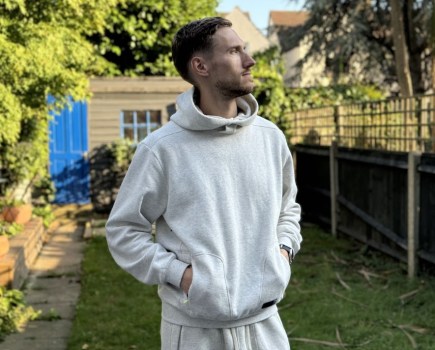 Close-up of a man wearing a hoodie