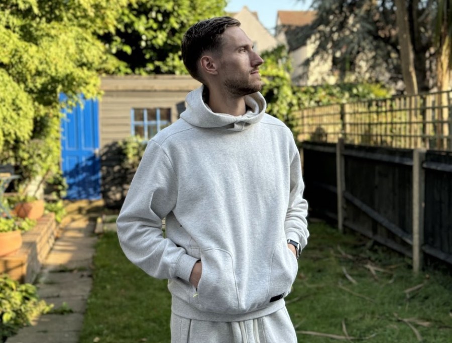 Close-up of a man wearing a hoodie